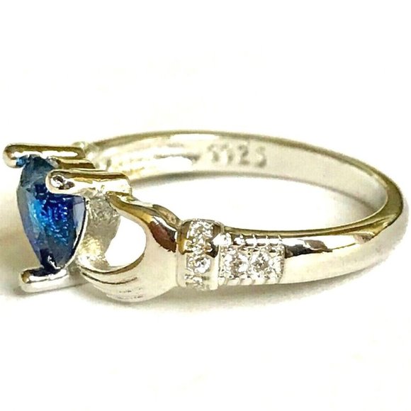 Claddagh Ring Size 7 Silver Plated Irish Celtic Blue Cubic Zirconia Heart Love - Picture 5 of 9